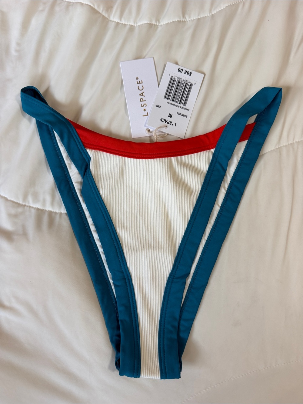 l*space Teal, White & Red Ribbed Colorblock Bikini Bottom Medium
